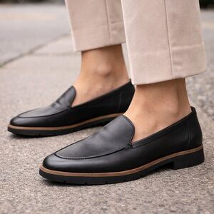 Aldo Black Leather Slip-On Loafers with Brown Trim